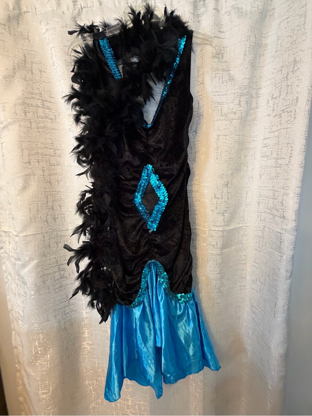 Black Velvet & Teal Sequin Feather Trim Dress for flapper costume w/ accessories
